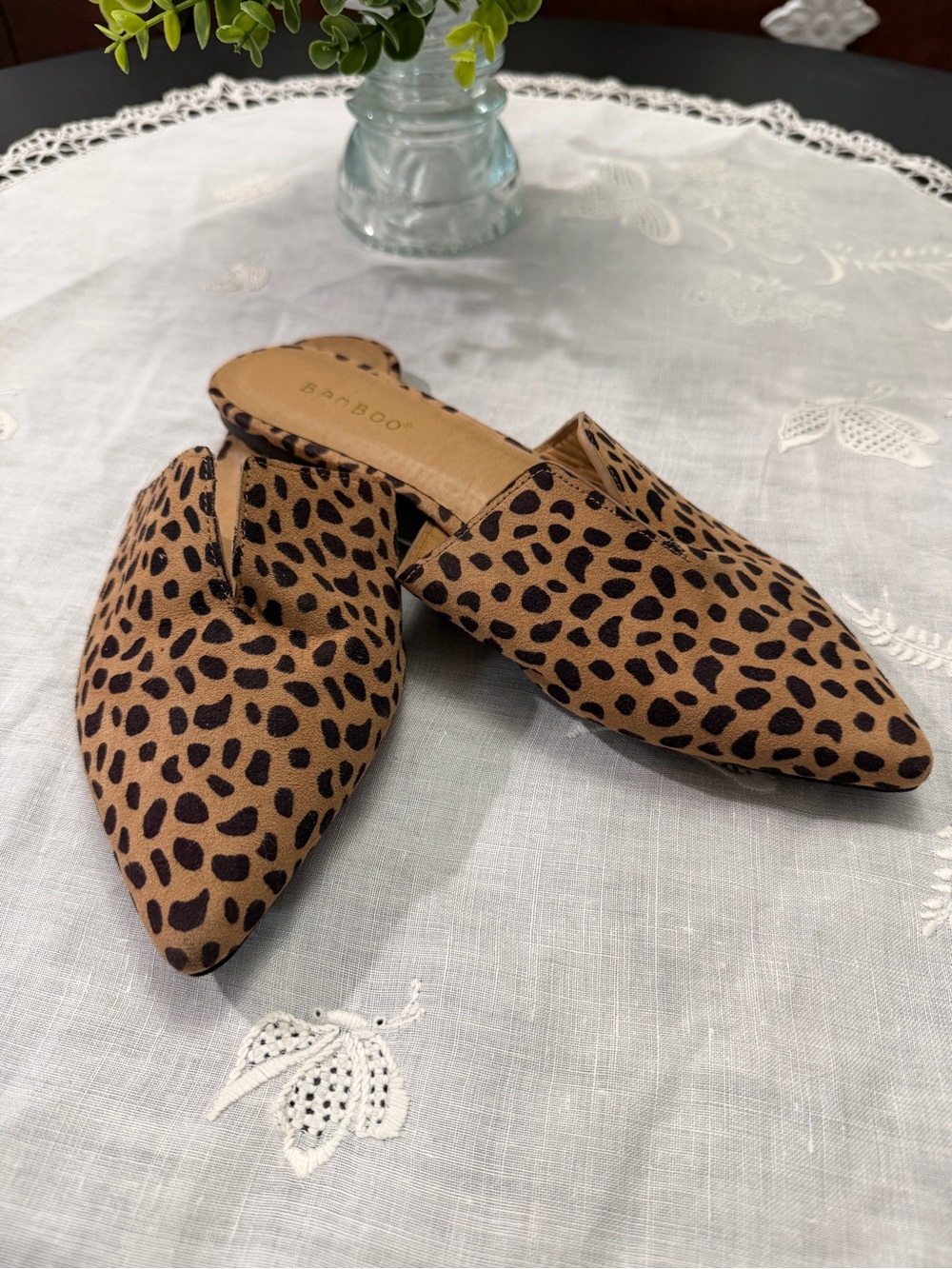 BAMBOO Leopard Print Pointed Toe Mules - Tan/Black 7.5